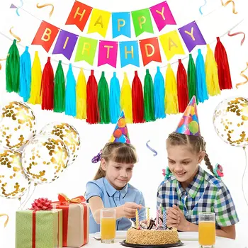 GAGAKU Colorat Fericit Ziua de nastere Banner & Ciucuri de Aur Confetti Baloane pentru Petrecere, Decoratiuni pentru Petrecere de Aniversare pentru Copii Curcubeu