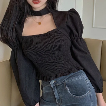 Kimotimo Camasa Bluza Femei Toamna Neagră Lungă Puff Sleeve Slim Gol Afară Topuri Sexy, Elegant, Moda Petrecere Blusas