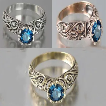 3 Culori de Lux, Bijuterii Vintage Gol Sculptat Rotund Albastru de Cristal Inel pentru Femei de Culoare Argintie Feminin Inele de Petrecere Bijuterii