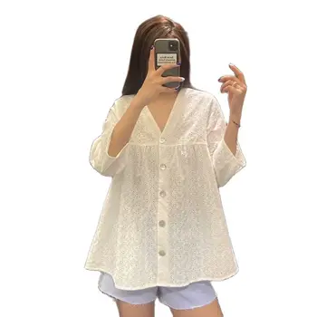ZA 2021 Albe Brodate Supradimensionate Bluza Femei V-Gât Ajurata Tricou de Vară de Moda Butonul de Sus de Epocă Liber Broderie Top
