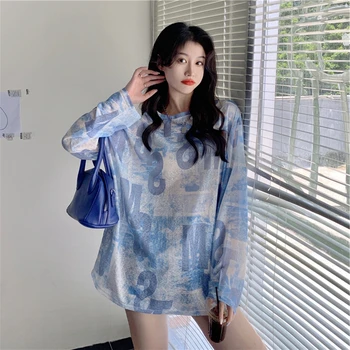 Yedinas Harajuku Cravată-vopsite Scrisoare de Imprimare Plasă de Topuri Femeile Supradimensionate Tricouri Maneca Lunga Stil coreean Dulce tricou Streetwear 2021