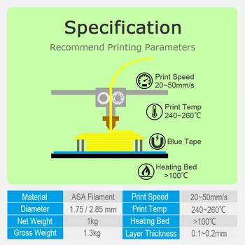 Asa Filament 3D Printer Uv Rezistență la 1,75 Mm 1Kg Fir de Plastic 10M 100G Probă Alb Negru
