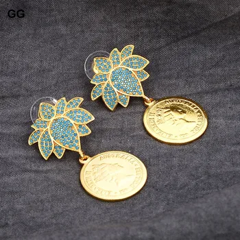 GuaiGuai Bijuterii Floare Albastră Împodobite Cu Cz Deschide Insecte De Culoare De Aur Placat Cu Regina Libertatea Monedă Legăna Cercei Stud Pentru Femei