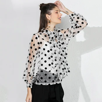 HELIAR Negru cu Buline Bluza Femei Transparente Sexy Mâneci Lungi de Toamnă de Primăvară de Streetwear Organza Alb Bluze Topuri Femeile