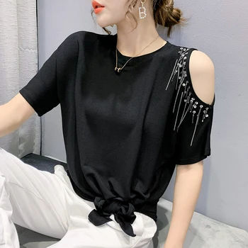 Vară Stil coreean Solid Pierde T-Shirt Sexy Chic de Pe Umăr Margele Ciucuri Femei Topuri cu Maneci Scurte din Dantela-Up Teuri 2021 T14926A