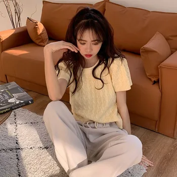 Femei pe Scurt cu Mâneci tricou de Vară 2021 Nou Stil coreean Casual Scurt Bottom Cămașă Western Stil Versatil Top Tricotate Ins