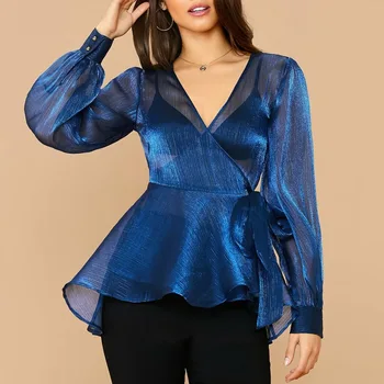 Femei Albastru ochiurilor de Plasă Vedea Prin Bluza V Gât Topuri cu Maneci Lungi Transparente Sexy cu Centura de Talie 2021 Vara Tricou Nou Elegant Blusa
