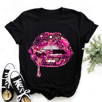 Sclipici roz pe Buze Grafic de Imprimare Tricou Femei de Îmbrăcăminte de Lux, Machiaj Vogue Tricou Haut Femme Estetice Haine de T-Shirt