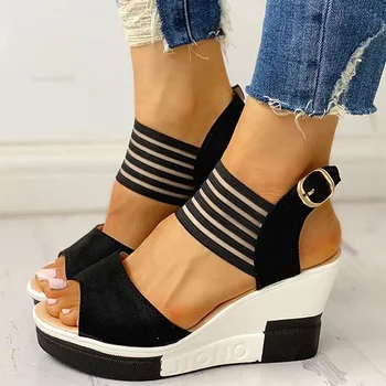 2021 Femei De Vară Pană Sandale Cu Platforma Groasa Tocuri Inalte Pantofi Catarama Clasica Peep Toe Banda Elastica Sandale Încălțăminte De Moda