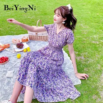 Beiyingni Rochii pentru Femei Florale Imprimate Vintage, Casual, Boho Plaja coreean Rochie Midi 2021 Vară Șifon Violet Dragoste Robe