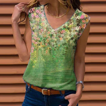2021 Vara Vintage Florale Imprimate Vrac Bluza Tricouri Femei Sexy V-Neck Pulover Topuri Doamnelor 5XL Ocazional fără Mâneci Vesta Blusa