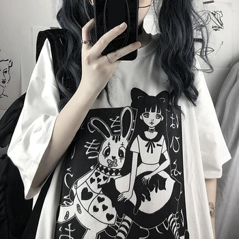 Femei T-Shirt Harajuku Estetice Vara Vrac Supradimensionat Teuri Gotice Punk Desene Animate Cu Maneci Scurte O-Gât Topuri