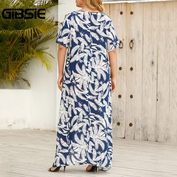 GIBSIE Plus Size V-Neck Short Sleeve Print Rochie Casual Femei, Rochii de Vară Liber de sex Feminin Plajă Lungă Rochie Maxi Fara Centura