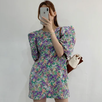 Korejpaa Femei Rochie De Vară 2021 Coreeană Stil Occidental Vârstă-Reducerea Gât Rotund Pătate De Cerneală Florale Cutat Puff Mâneci Vestidos
