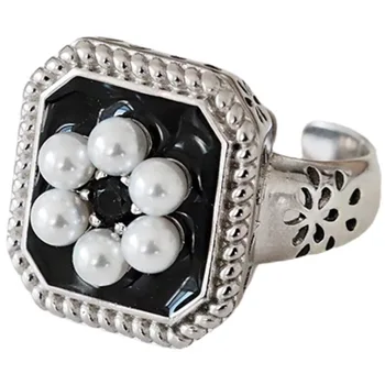 Glazura Negru Pătrat Pearl Floare De Deschidere Inel Vintage Elegant Stil Palat Degetul Arătător Ring Pentru Femei Bijuterii