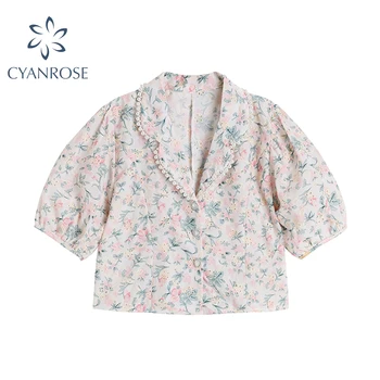 Elegant Dulce Stil Francez Roz V-Neck Sălbatice Bluza Femei De Vară 2021 Moda Casual Rever Imprimare Puff Maneca Tricou Femei Topuri