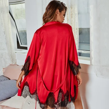 Adânc V de sex Feminin Satin Kimono-Halat de baie Dantela Sexy Sleepwear Halat Femei Haine de Acasă Mozaic Cardigan Scurt Bandaj Rochie de Noapte