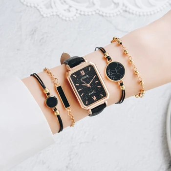 5pcs Set Ceas de Moda Pentru Femei Pătrat de Piele Doamnelor Ceasuri Brățară Cuarț Ceas de mână de sex Feminin Ceas Negru Reloj Dropshipping