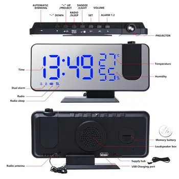 LED Digital Ceas cu Alarma Electronic Ceas de Masa Ceasuri pentru Desktop USB, Ceas cu Alarmă Radio FM Timp Proiector Amânare 2 Funcția de Alarmă