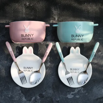 Ceramica Dublu-strat de Taitei Ramen Castron Anti-opărire Instant Noodle Bowl Drăguț Bunny cu Capac si Lingura Betisoarele Tacamuri