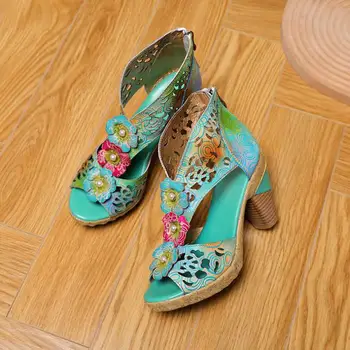 Johnature Retro Femei Pantofi Sandale Cu Platforma Din Piele Culori Amestecate Zip 2021 Nou Handmade Floare De Cusut Doamnelor Sandale