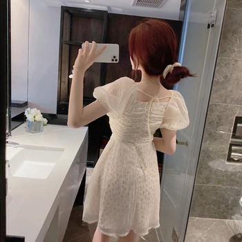 Vintage franceză Mini Șifon Dress Bubble Sleeve Pătrat Guler Zână Petrecere Casual coreean Maxi Rochie pentru Femei de Vară 2021 Vestido