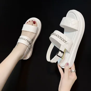 Alb Casual Lanț Gros cu talpi Femei Sandale de Vară 2021 Noi PU Piele Cataramă Pantofi de Plaja Open-toe Sandale Confortabile pentru Femei