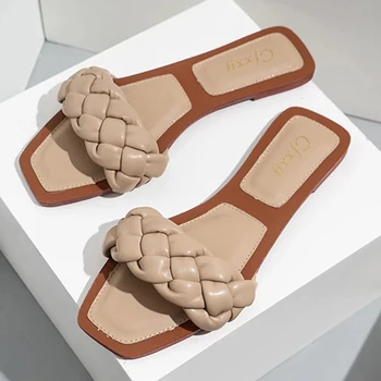 2021 Țesute Papuci Femei Alunece Pe Tobogane Brand De Moda Square Toe Din Piele Sandale Plate De Sex Feminin Casual În Aer Liber Papuci Flip-Flops