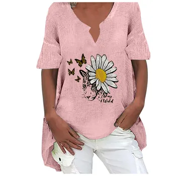 Femei Fluture Floare Tricou Imprimat Top Moda Short Sleeve V-Neck Bumbac Și Cânepă Femeie Topuri Haine Oversize T-Shirt