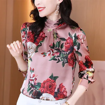 Coreeană Bluză De Mătase Pentru Femei Din Satin De Imprimare Bluze Tricouri Femei Bluza Cu Maneci Lungi Topuri Plus Dimensiune Femei Mătase Imprimare Tricou Femei Bluze