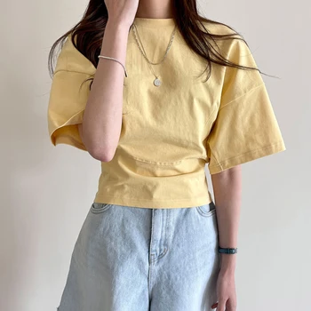 Korejpaa Femei T-Shirt 2021 Vara Coreean Chic Vârstă-Reducerea Bomboane De Culoare De Proiectare Gât Rotund Talie Subțire Cinci Puncte Maneca Pulover