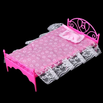 Mini roz Pat Cu Perna Pentru Papusi Barbie Papusi Mobila Dormitor Jucărie Q6PD