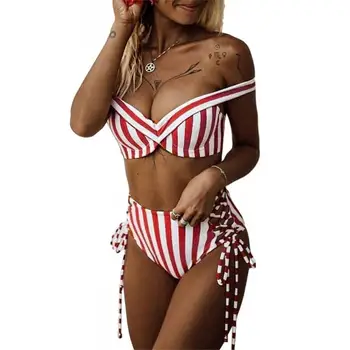 80% Fierbinte Vinde Femei de Pe Umăr cu Dungi Bandaj Talie Mare Bikini Set de Două piese de costume de Baie