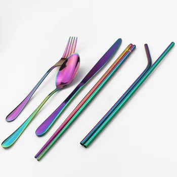 Rainbow Set de Cină Pentru a Călători Portabil 8Pcs Cuțit, Furculiță, Lingură Set Cu Geanta Set de Tacâmuri din Oțel Inoxidabil 304 Set Tacamuri
