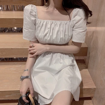 Femei rochie Mini Alb-linie Manșon de Puf de Moda Elegant, Subțire Pătrat Guler Dulce Harajuku Simplu coreea Style All-meci Nou