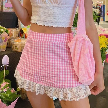 Roz Drăguț Kawaii Y2K Estetice Carouri O Linie Fuste Femei de Vară, în Carouri, Talie Inalta Fusta Scurta Dulce Stil Preppy Streetwear