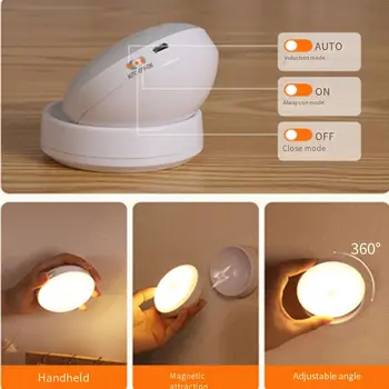 360 de Grade, LED Lumina de Noapte Mișcare de Rotație a Corpului Senzor Lumini Noptieră cu Lampă de Perete pentru Lavoar Dulap de Bucătărie WC USB Reîncărcabilă