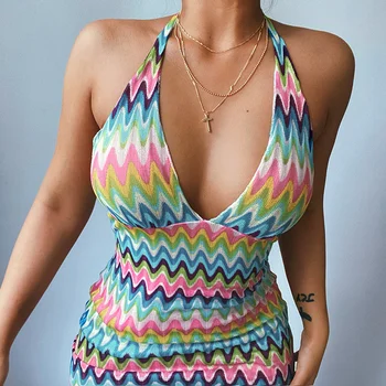 Mozision Mozaic Stripe Halter Rochie de seara Pentru Femei Y2K Vară fără Mâneci Rochii Mini Sexy pe Plajă Feminin Rochie de Petrecere