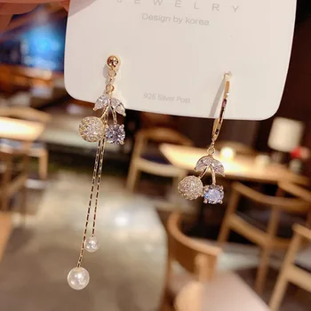 Coreea Cercei Moda Bijuterii Asimetrice Cherry Ciucure Dulce De Cristal Cercei Stud Cercei Statement Pentru Femei En-Gros