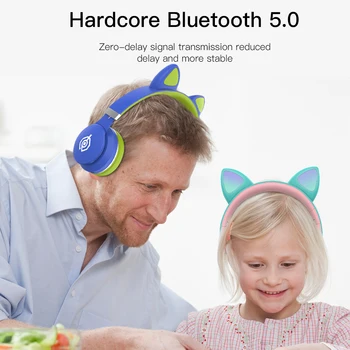 Roz Căști fără fir Bluetooth pentru Copii luminos de pisică ureche setul cu cască Suport TF Card 3D stereo pentru xiaomi iphone, cu microfon