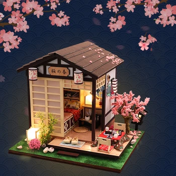 DIY din Lemn Casa Japoneză Păpuși Kit Asamblat Mobilier in Miniatura Lumina Casă de Păpuși, cu Flori de Cires Jucării pentru Adulți Cadouri