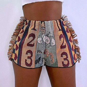 Femei Vintage Retro Print Pantaloni De Vară De Moda Stil Popular Partea Ciucure Mozaic Pantaloni Scurți Doamna Streetwear Pantaloni Scurți Elastice Mujer