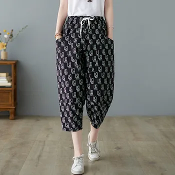 Femei Lenjerie de pat din Bumbac Vițel-lungime Pantaloni Casual New Sosire 2021 Vara Arte Stil Vintage Print Liber Feminin Pantaloni Harem B292