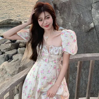 2021 Vara Puff Maneca Vingate Rochie Midi Femei Pătrat Guler Petrecere de Seara Florale Rochie de Plaja-O singură Bucată Rochie coreeană Y2K Zână