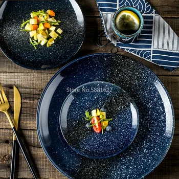 Placa Ceramica Rotunda Stil Japonez Înstelat Plat Friptura Micul Dejun Paste Aliment De Bază Placă De Salata Desert Vas Închis, Ustensile De Bucătărie