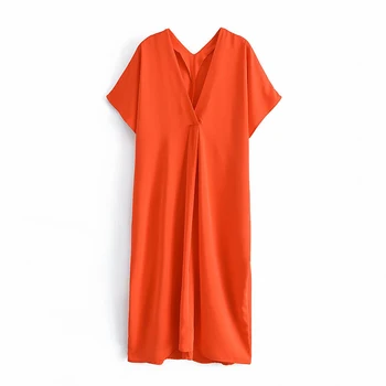 ZA2021 Europene și Americane de vară de moda pentru femei nou design culoare solidă V-neck loose cu mânecă scurtă rochie lunga