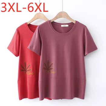 Noi 2021 Doamnelor Vara Plus Dimensiune Topuri Pentru Femei Mari Maneci Scurte Largi Roșu Purpuriu Bumbac Floral, O-neck T-Shirt 3XL 4XL 5XL 6XL