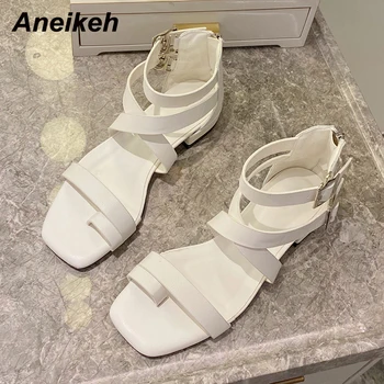 Aneikeh Sandalias Mujer de Vară Toc Pătrat Curea Pantofi Superficial PU Femei Sandale cu Catarama de Agrement Roma Bază Stil Britanic cu Fermoar