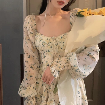 2021 Vara Dulce Floral Rochii Femei Elegante Rochie Mini Bandaj Plaja-O Singură Bucată Rochie Coreeană Vintage Lady Maneca Lunga