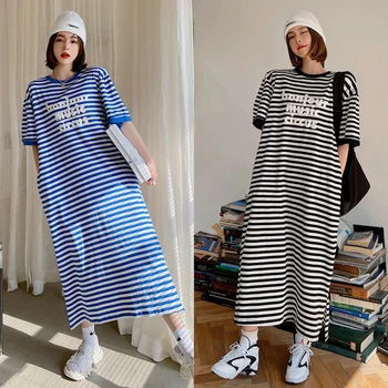 NYFS 2021 coreeană coreeană Femeie Rochie Vrac Dungi de imprimare Femeie Rochie Vestidos Halat Elbise Rochie de Vara